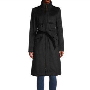Karl Lagerfeld Paris Belted Black Wool-Blend Coat